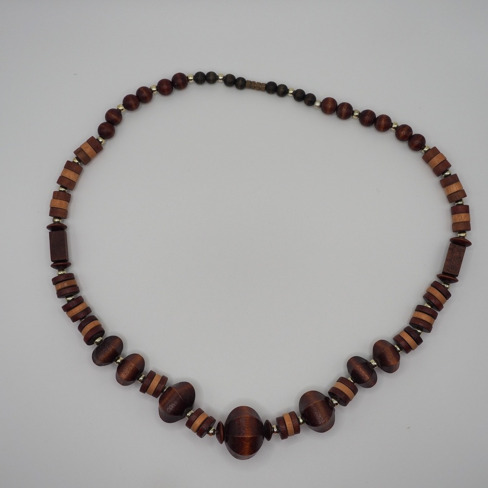 Vintage Wood Bead Necklace Brown Two Tone Graduated Mixed Shape Chunky Boho